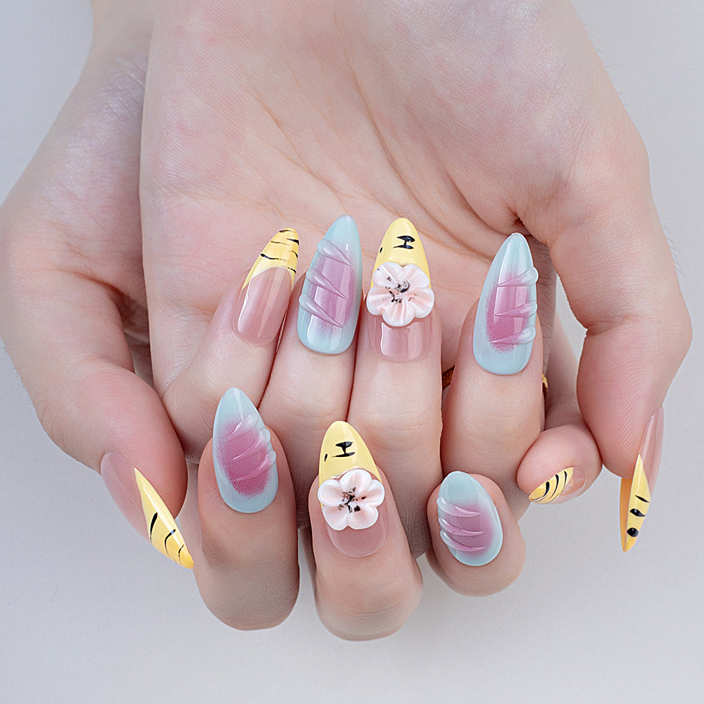 Handmade Almond Press-On Nails | Yellow Tiger Stripe with 3D Pink Flower & Blue Gradient Design | Cute Glue-On Nails