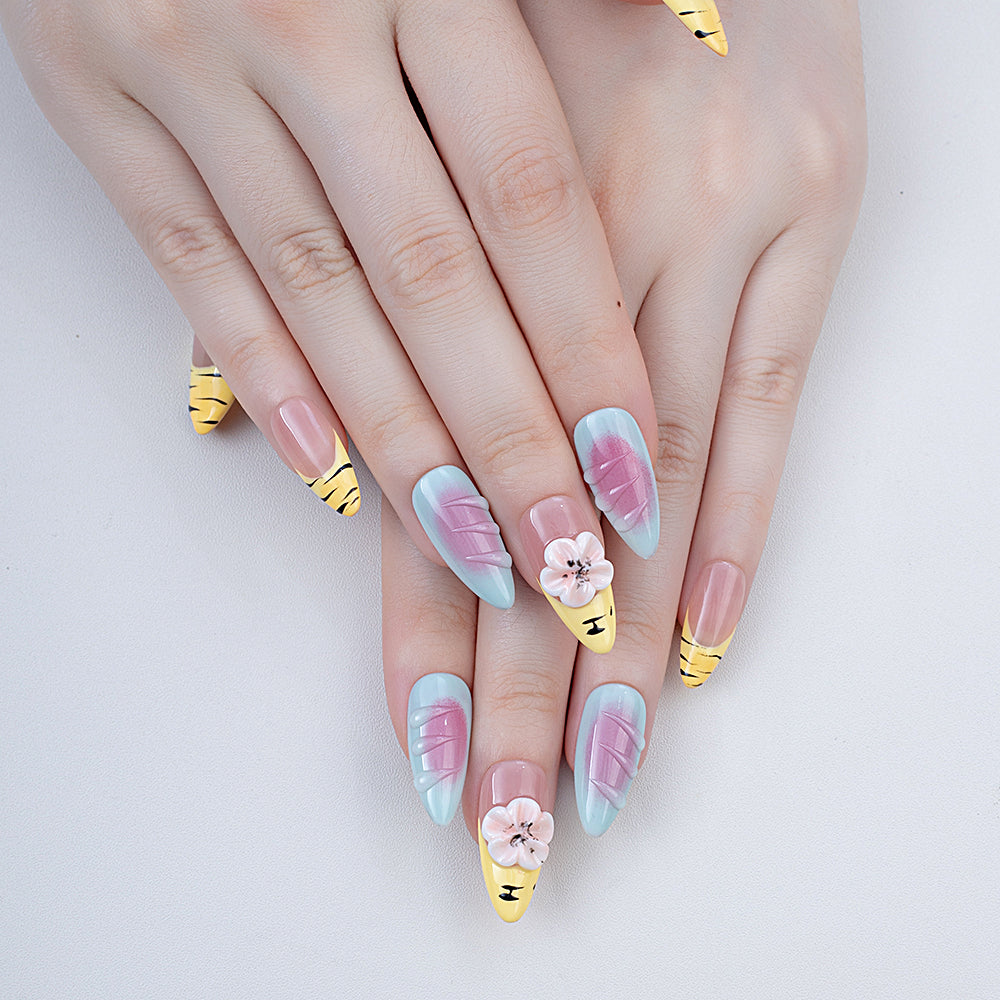 Handmade Almond Press-On Nails | Yellow Tiger Stripe with 3D Pink Flower & Blue Gradient Design | Cute Glue-On Nails