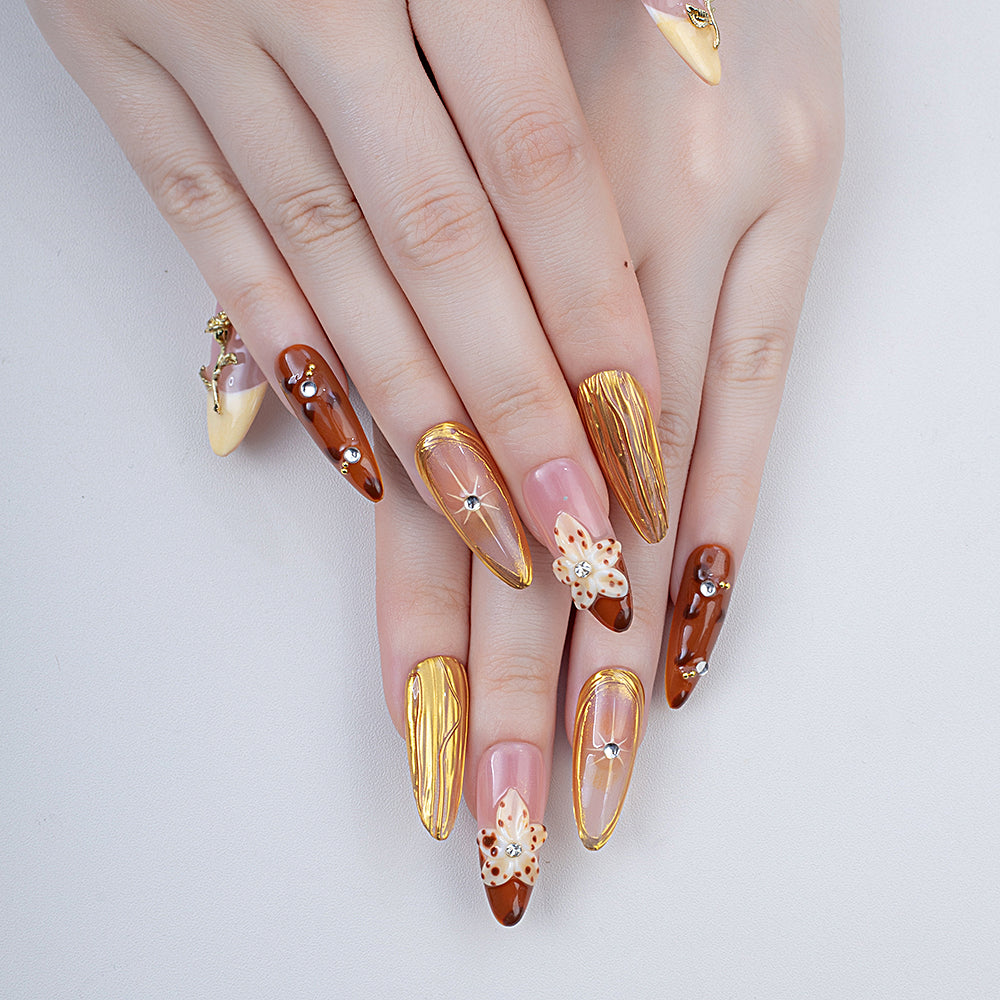 Handmade Almond Press-On Nails | Pink Gold Rose & Amber Tortoiseshell with Rhinestone | Luxury Glue-On Nails