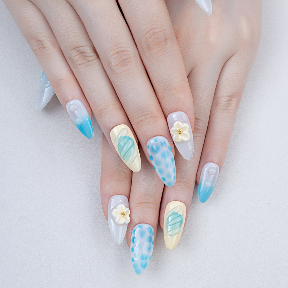 Handmade Almond Press-On Nails Blue Gradient 3D Flower Polka Dot Stripe Design Glue-On False Nails Set