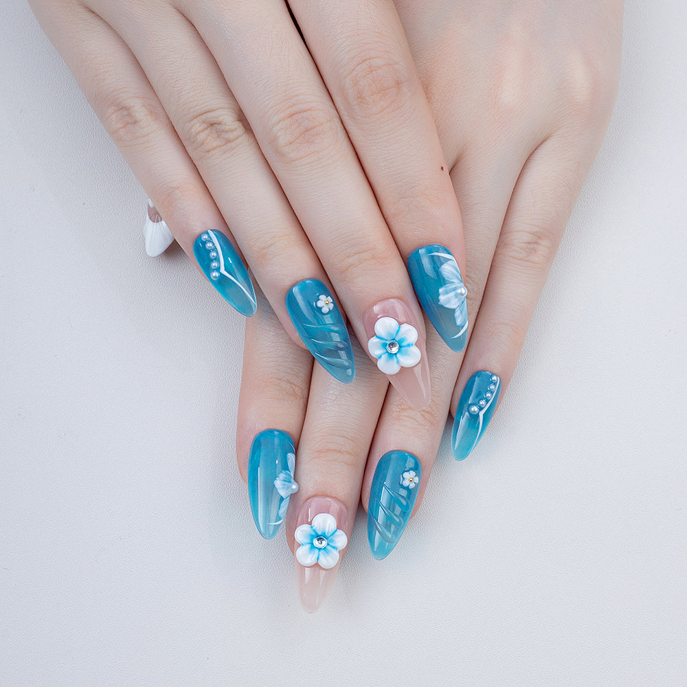 French Almond Romantic Flowers 3D Coffin Shape Design Handmade Press on Nails for Parties Oil Painting Style for Fingers