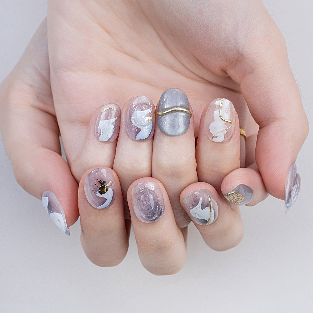 Handmade Oval Press-On Nails | Platinum Marble Swirl with White & Gold Foil | Glue-On Fake Nails Set