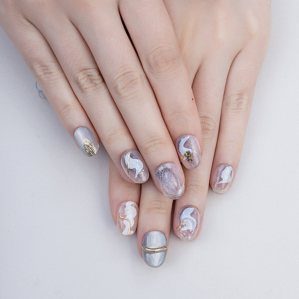 Handmade Oval Press-On Nails | Platinum Marble Swirl with White & Gold Foil | Glue-On Fake Nails Set