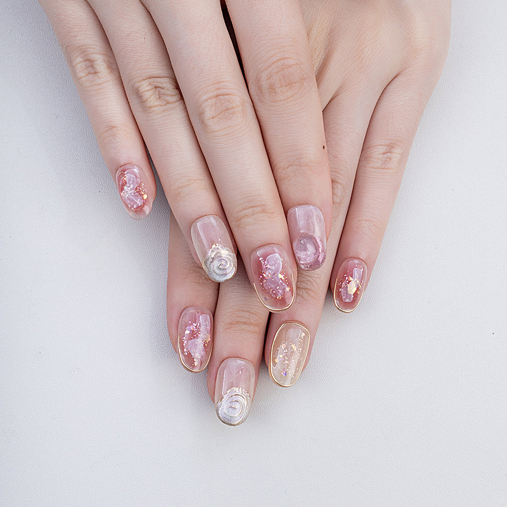 Handmade Oval Press-On Nails | Romantic Pink Flower & Champagne Gold Design with Pearl | Custom Glue-On Nails