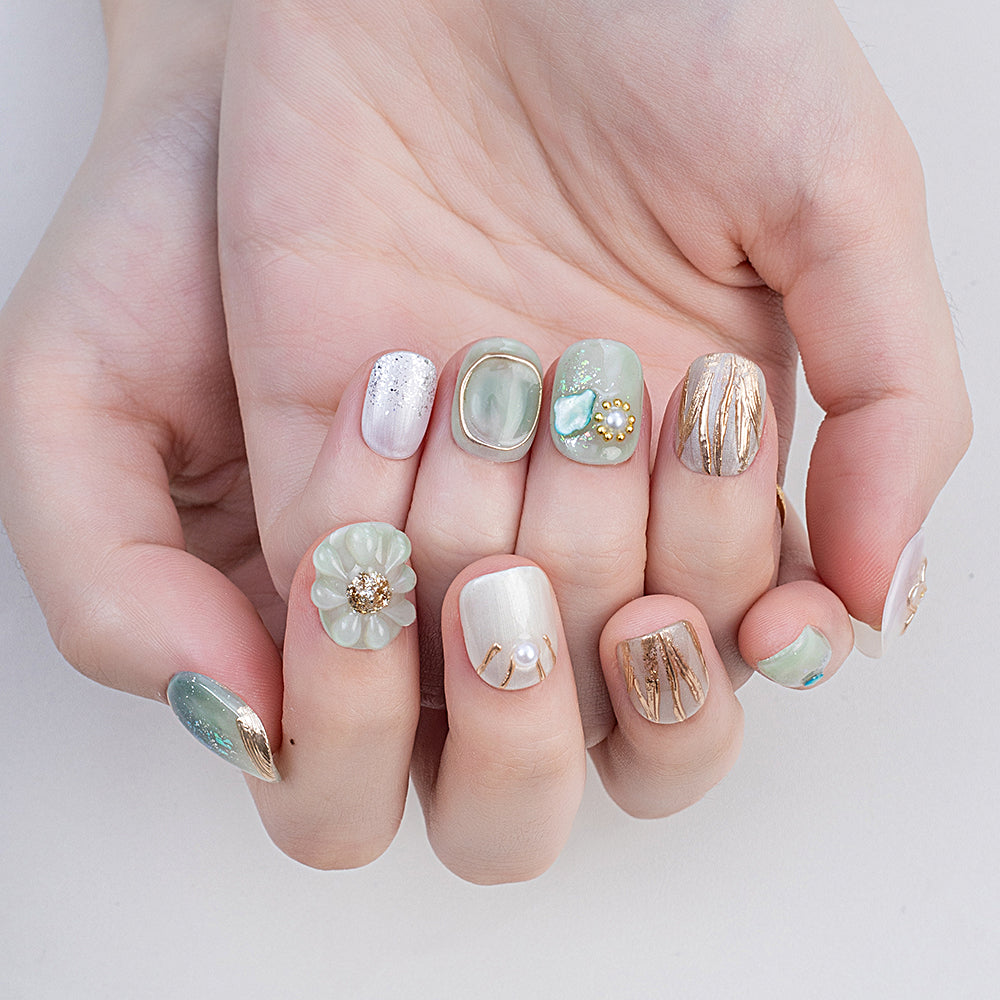 Luxury Handmade Press-On Nails | Jade Green Gradient with 3D Pearl Flower & Gold Foil Design | Premium Glue-On Manicure Set