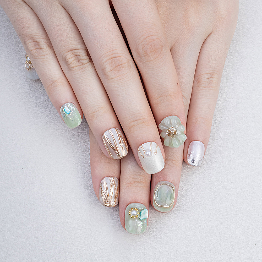 Luxury Handmade Press-On Nails | Jade Green Gradient with 3D Pearl Flower & Gold Foil Design | Premium Glue-On Manicure Set