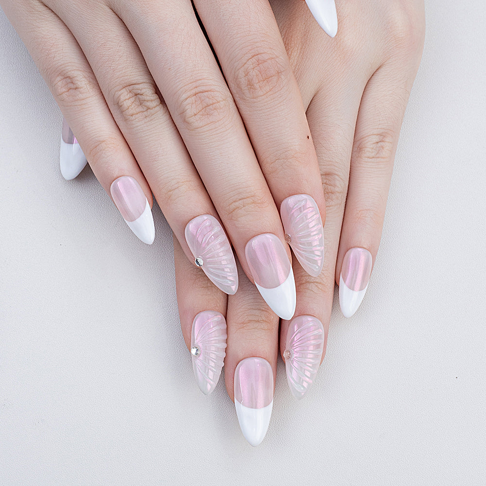 Cats Eye Mirror Powder French Tip Press on Nails Acrylic False Nails French Artificial Fingernails With Glue Packaging Box