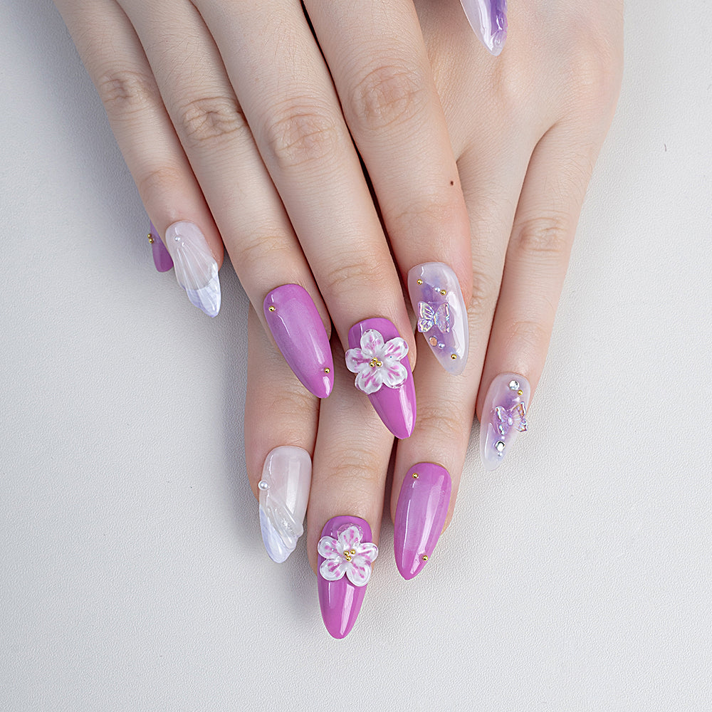 Diy Flower Relief Design Handmade 3d Almond Press on Nails Reusable Acrylic Nails Press on Artificial Fingernails