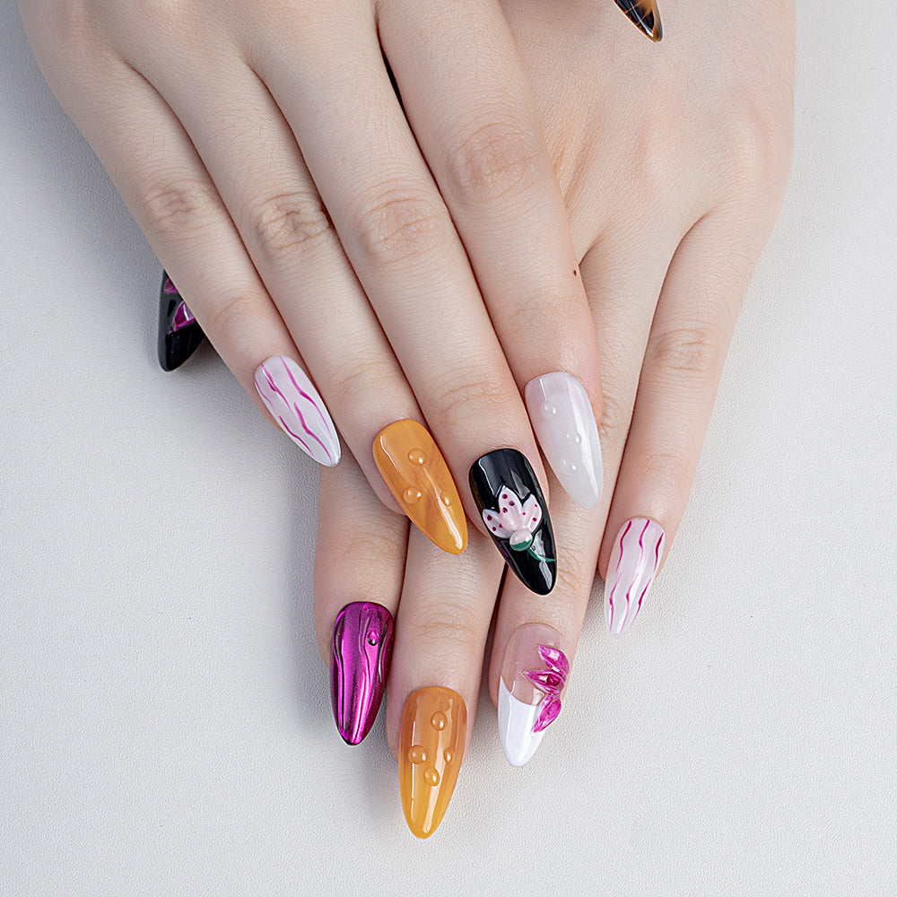 New 3d Carving Star Flower Handmade Artificial Fingernails False Acrylic Press on Nails Art Wholesale with Design