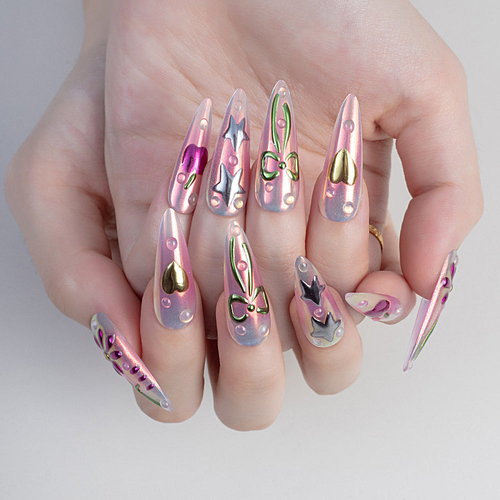 High Quality Pink Acrylic False Nails Handmade 3D Mirror Powder Star Flower Press Nails Wholesale Design for Girls