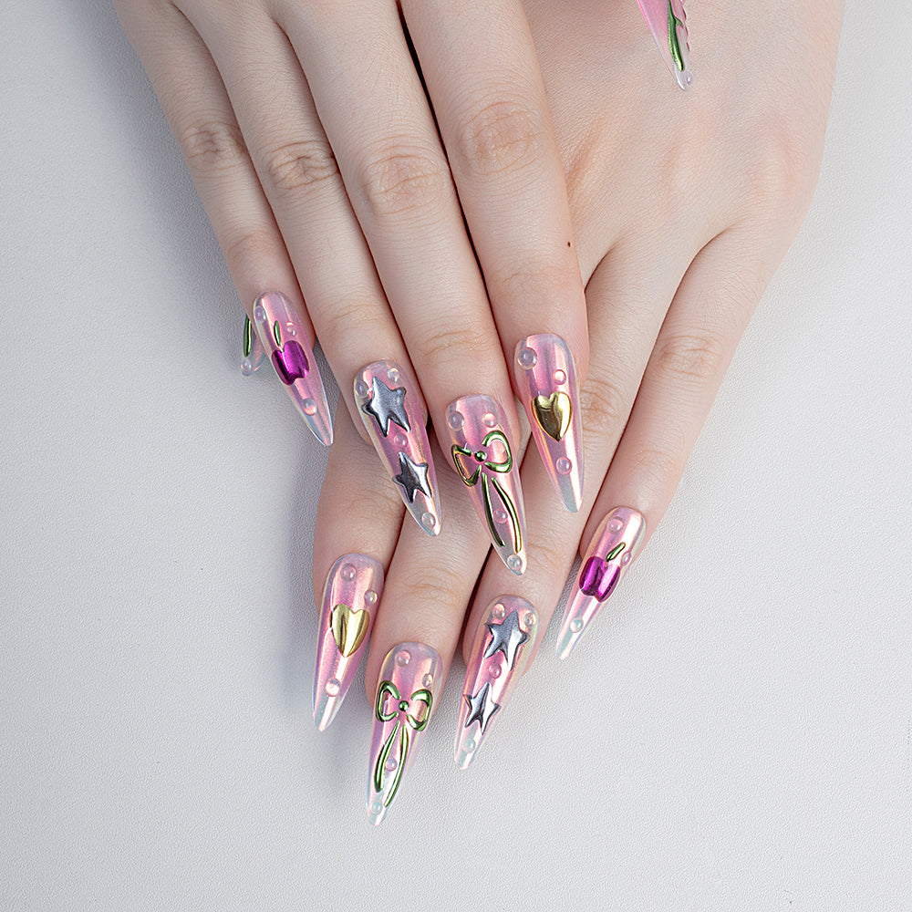 High Quality Pink Acrylic False Nails Handmade 3D Mirror Powder Star Flower Press Nails Wholesale Design for Girls