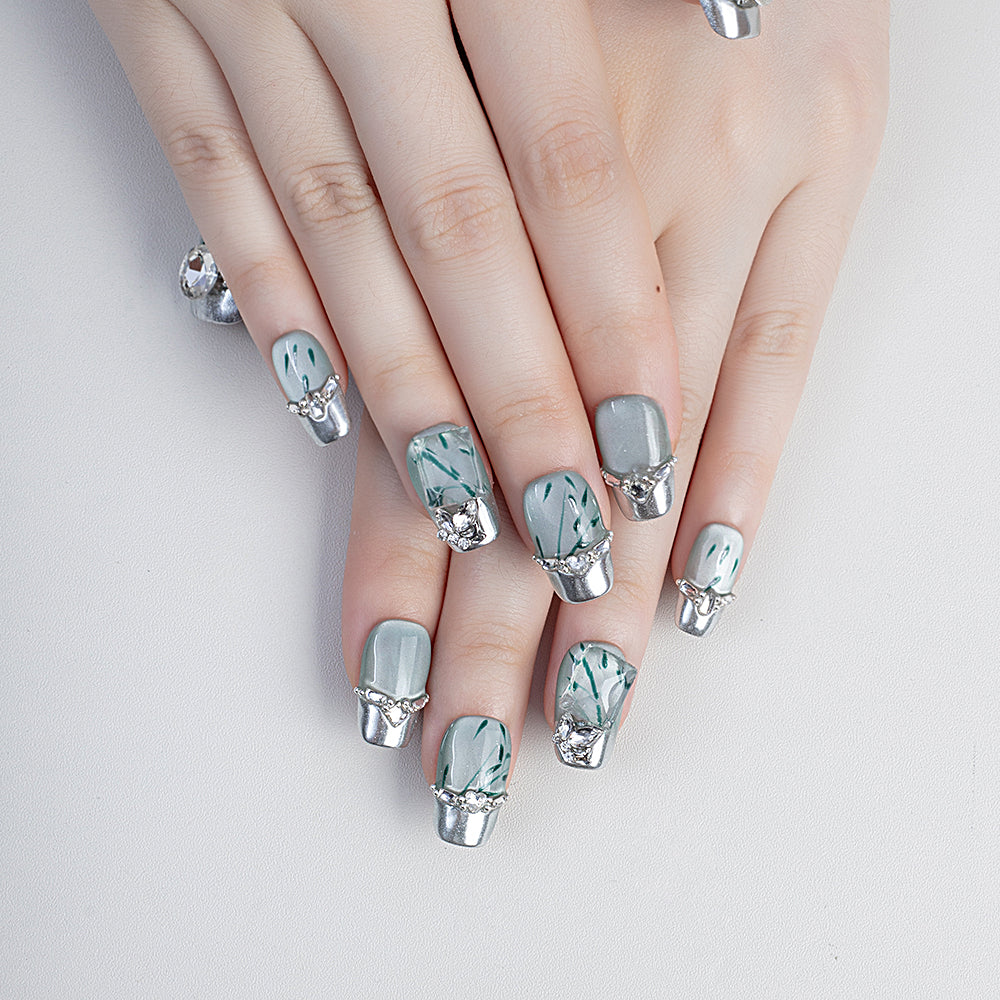 High Quality 10pcs Chinese Style French Tip Cat Eye Press on Green Fake Nails Set Handmade New Style