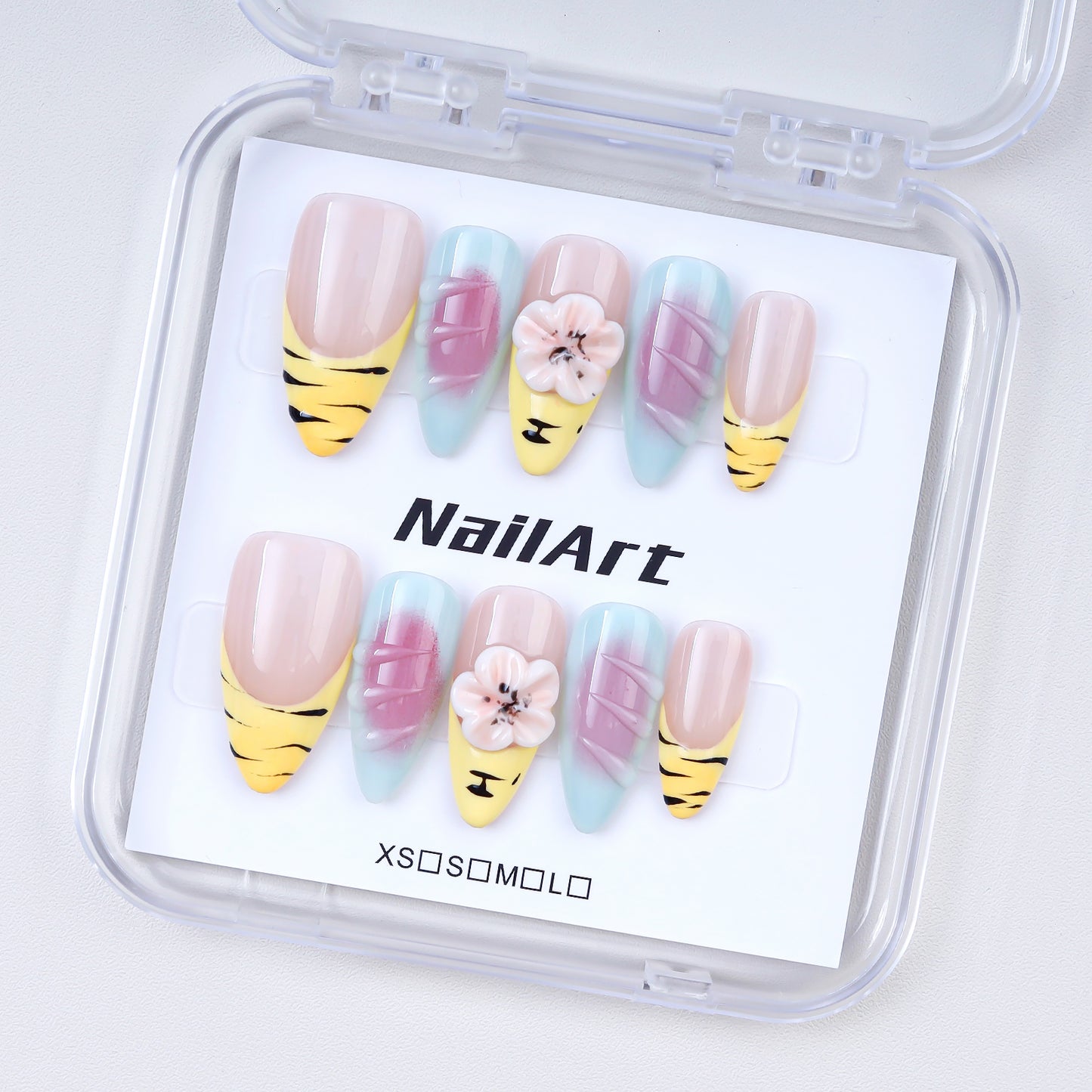 Handmade Almond Press-On Nails | Yellow Tiger Stripe with 3D Pink Flower & Blue Gradient Design | Cute Glue-On Nails