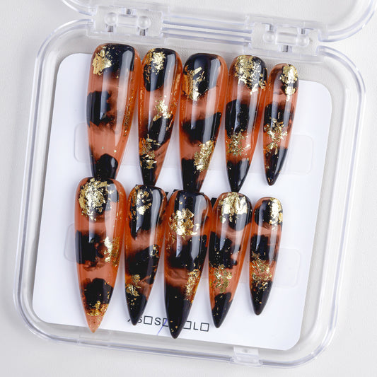 High Quality Gold Stamping Leopard Print Shape False Nails Handmade Acrylic Press on Nails Wholesale Fake Nail with Glue