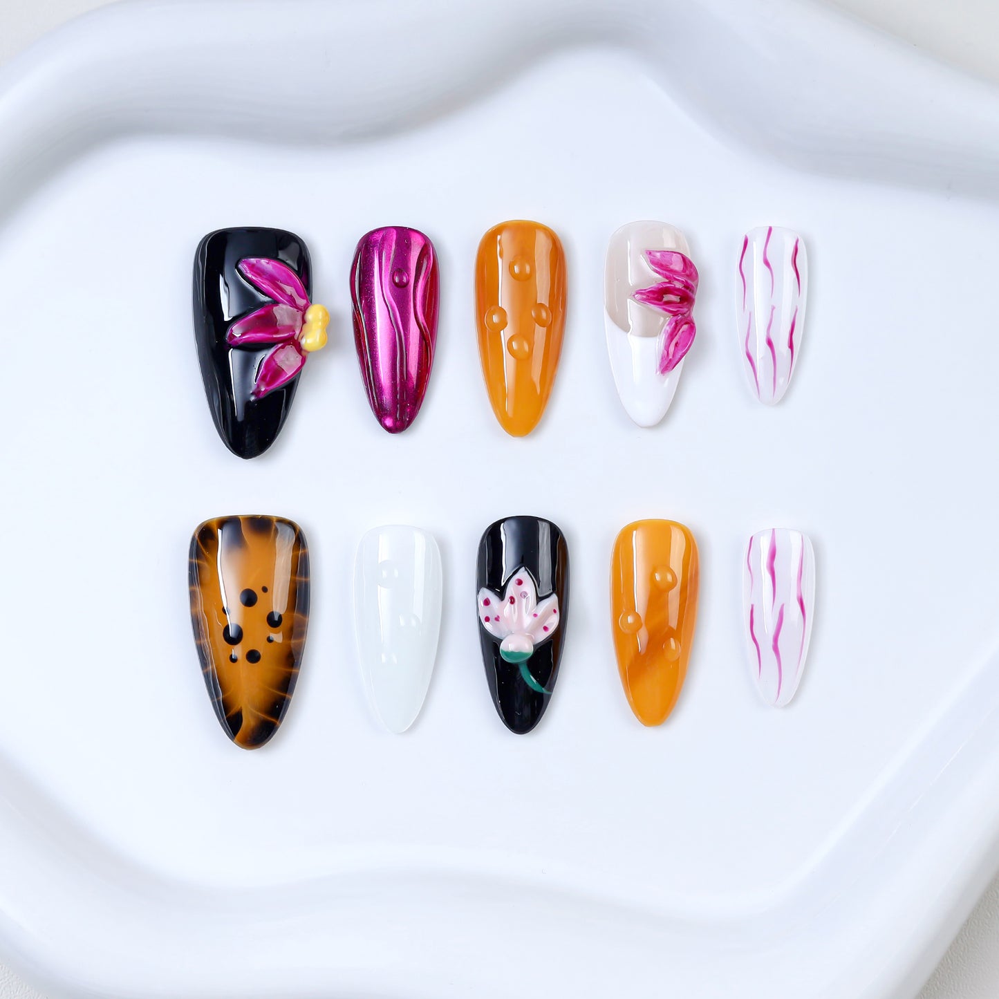 New 3d Carving Star Flower Handmade Artificial Fingernails False Acrylic Press on Nails Art Wholesale with Design