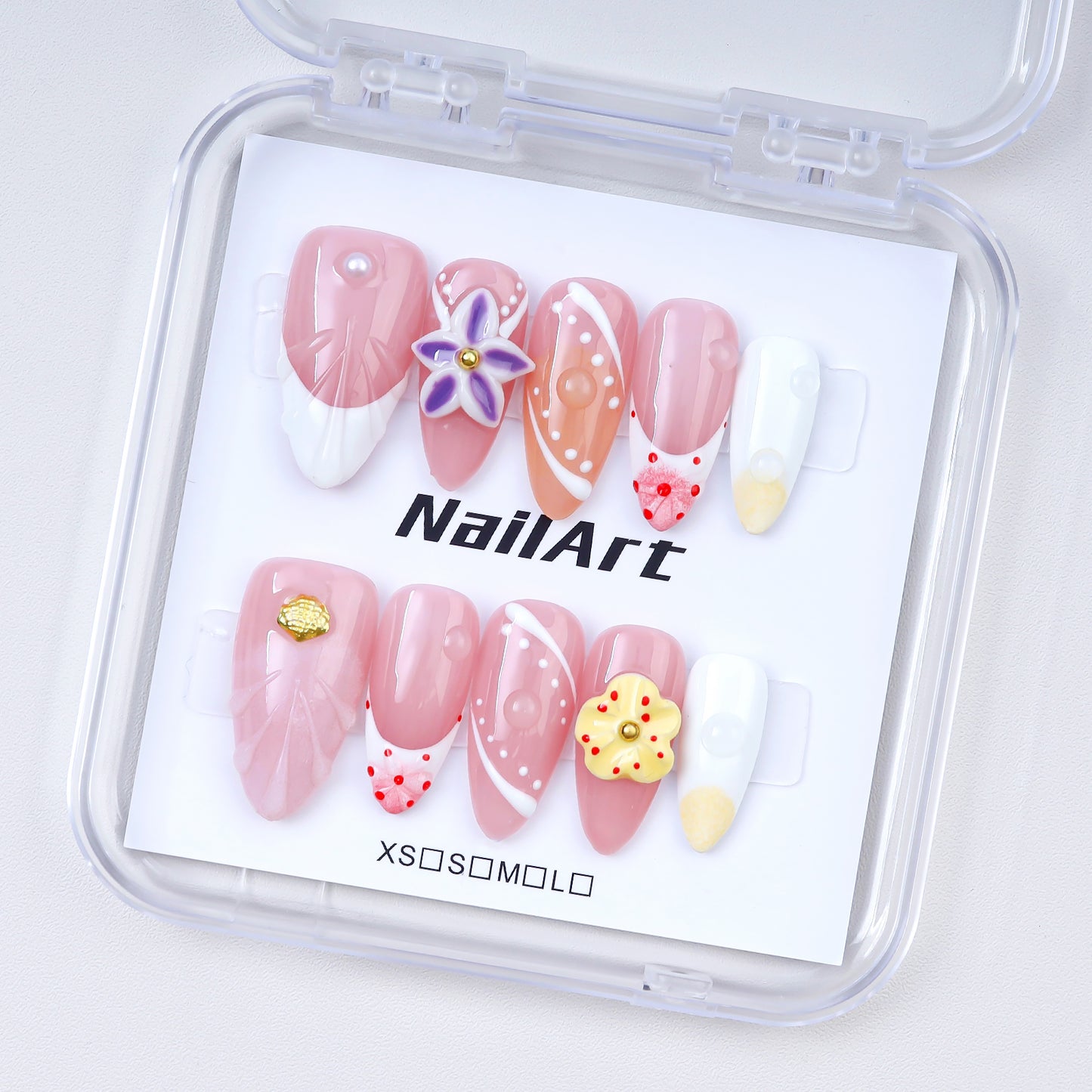 Handmade Oval Press-On Nails | Pink White Gradient 3D Flower Pearl Dots Design | Cute Glue-On False Nails Set