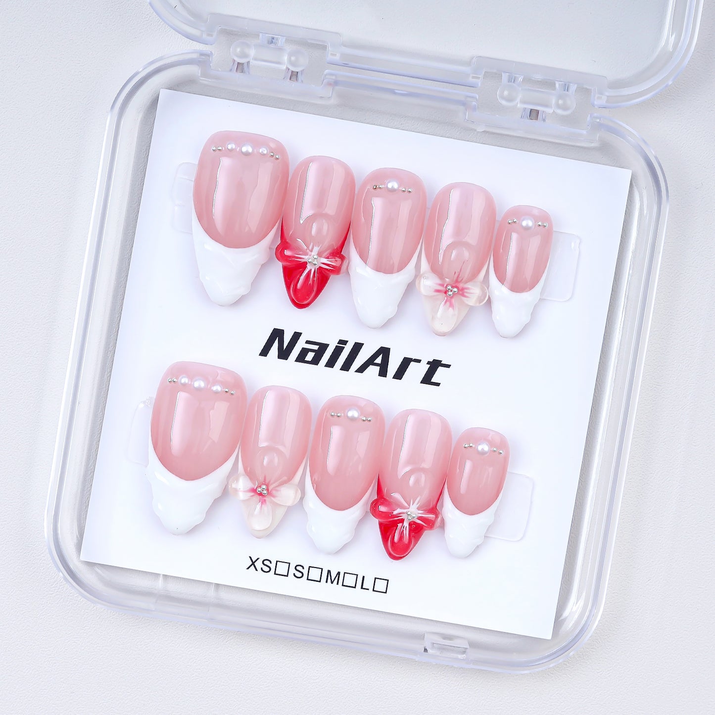 Wholesale 10pcs Alomnd Handmade Short Pink 3D Flower French Press on Nails Removable Fake Nails Art for Fingers