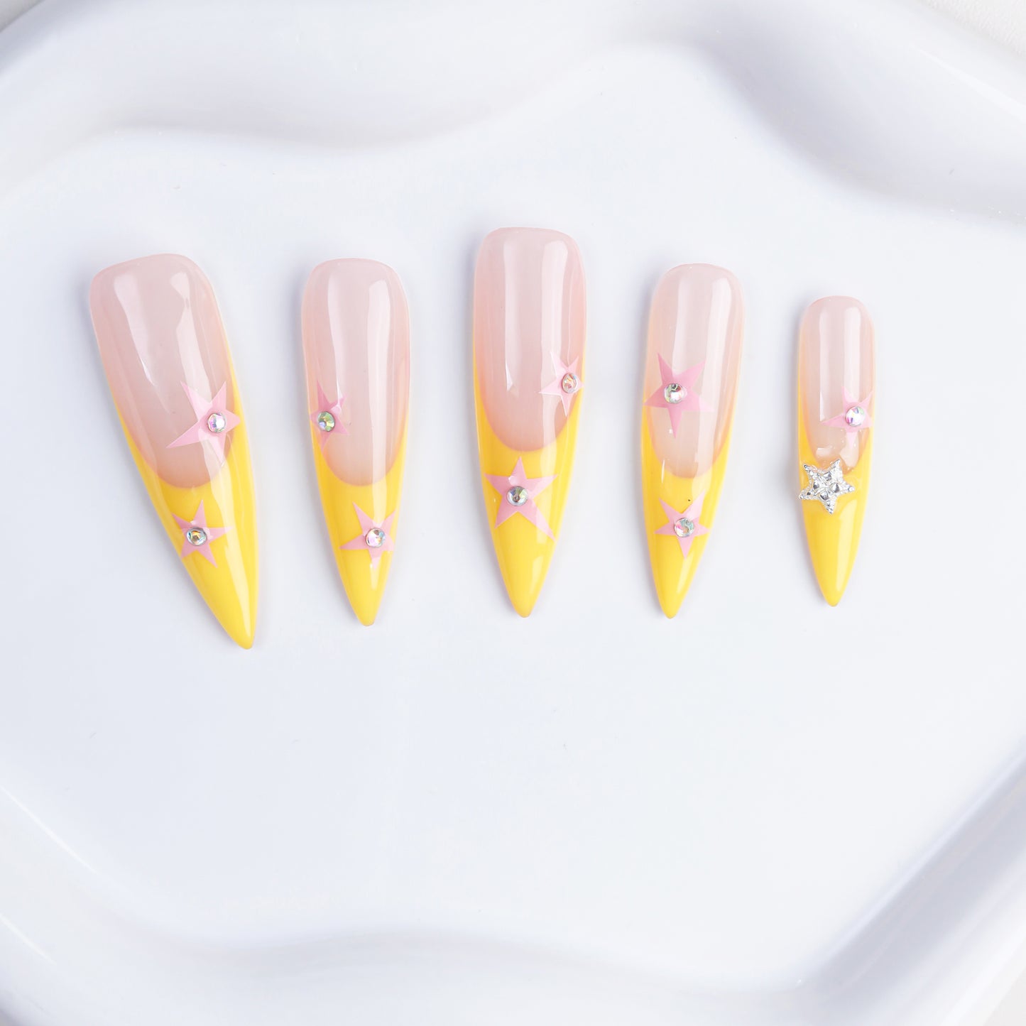 Luxury Long Stiletto Yellow French Tip Pink Star Shape Handmade False Press on Nails Artificial Fingernails for Party
