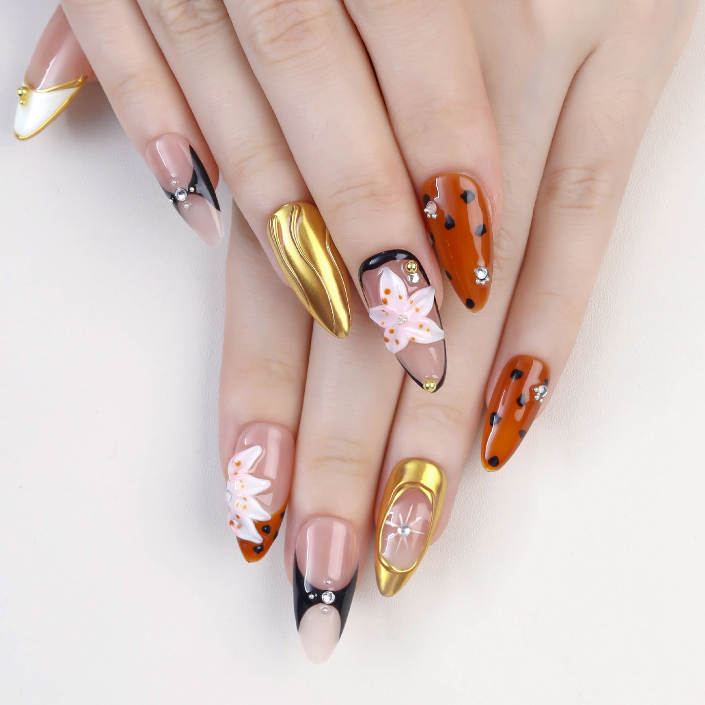 High Quality Custom 3D Flower Design Handmade Acrylic Full Cover Press-On Fake Nails Unique Faux Ongles Ready-Made Finger 10PCS