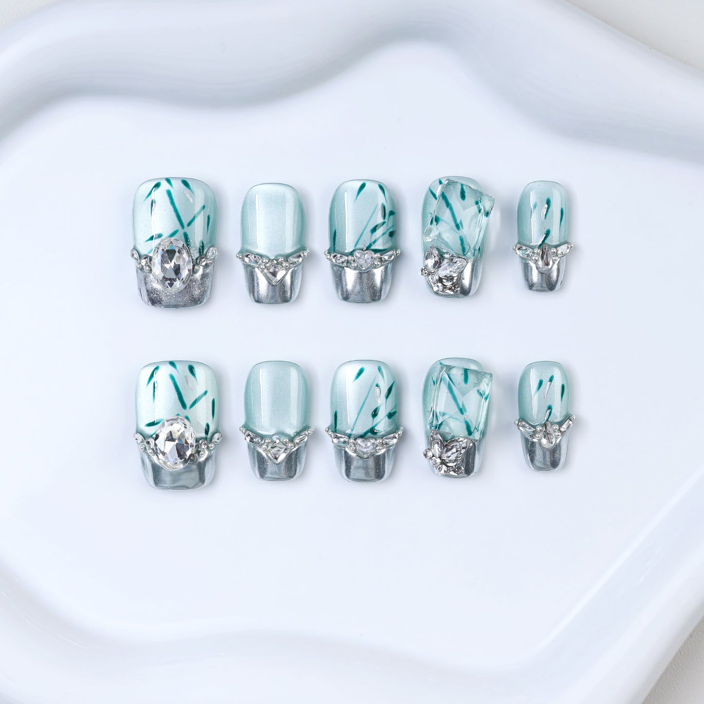 High Quality 10pcs Chinese Style French Tip Cat Eye Press on Green Fake Nails Set Handmade New Style