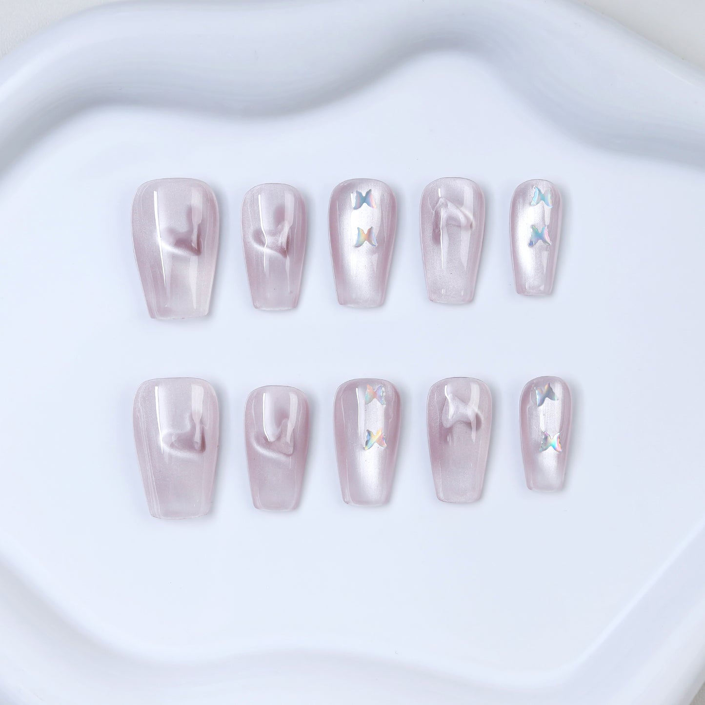 New Design Luxury Cat-eye Pink Butterfly Custom Nails Coffin Press on Nails Wholesale Full Cover  False Nails