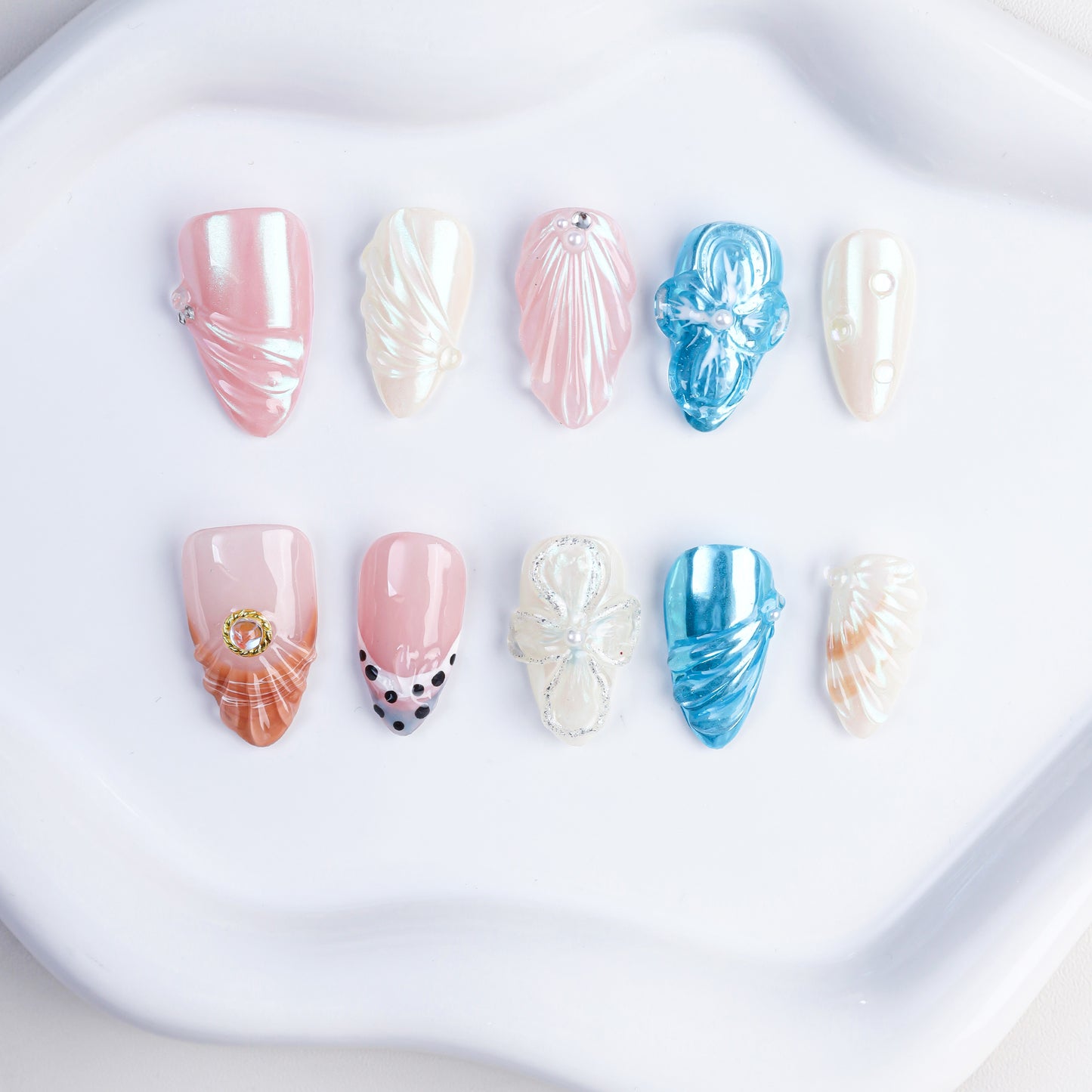 Handmade 3D Carving Aurora Almond Flower Design Custom 10pcs Reusable Press on Nails with Glue False Artificial Fingernails