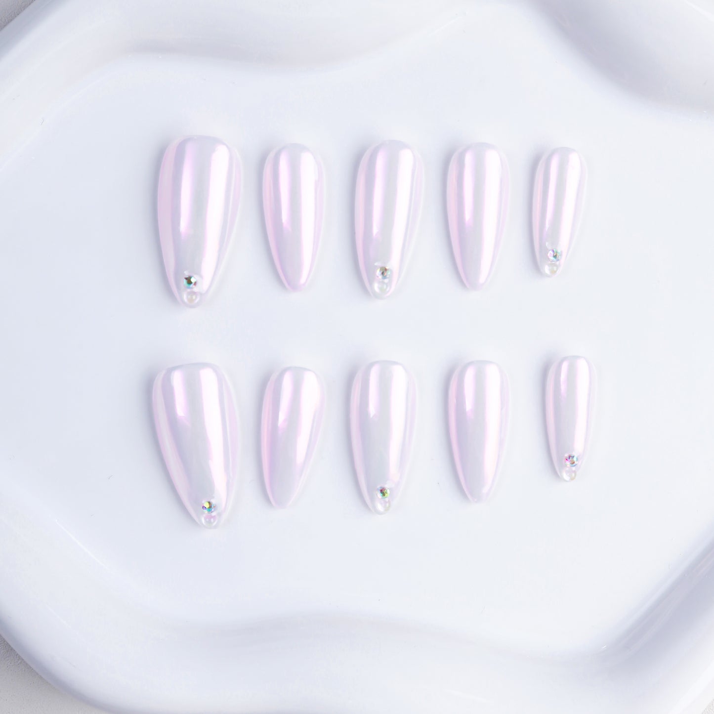 Pink Aurora Medium Length Almond Fashion Pressed Nail Set Solid Color Handmade False Nails Rhinestone Wholesale for Finger