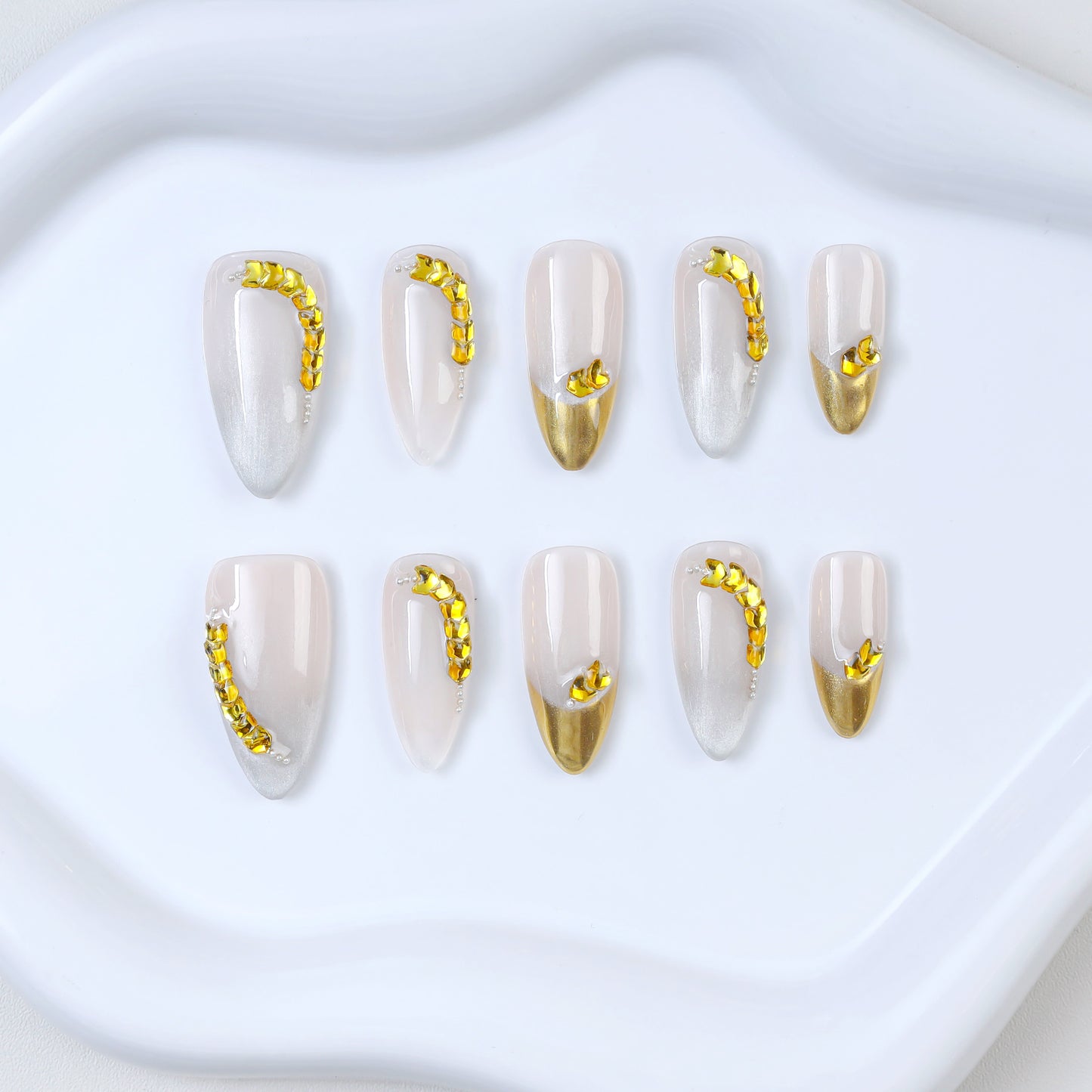 10pcs Gold Wheat Ear Handmade Almond Press on Nails Wholesale Stick on Nail Art Artificial Fingernails for Party with Rhinestone