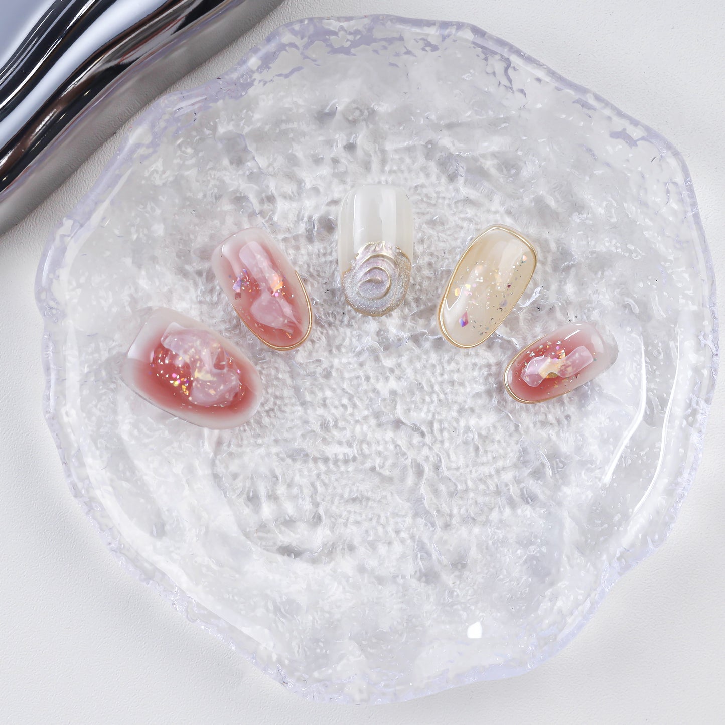 Handmade Oval Press-On Nails | Romantic Pink Flower & Champagne Gold Design with Pearl | Custom Glue-On Nails