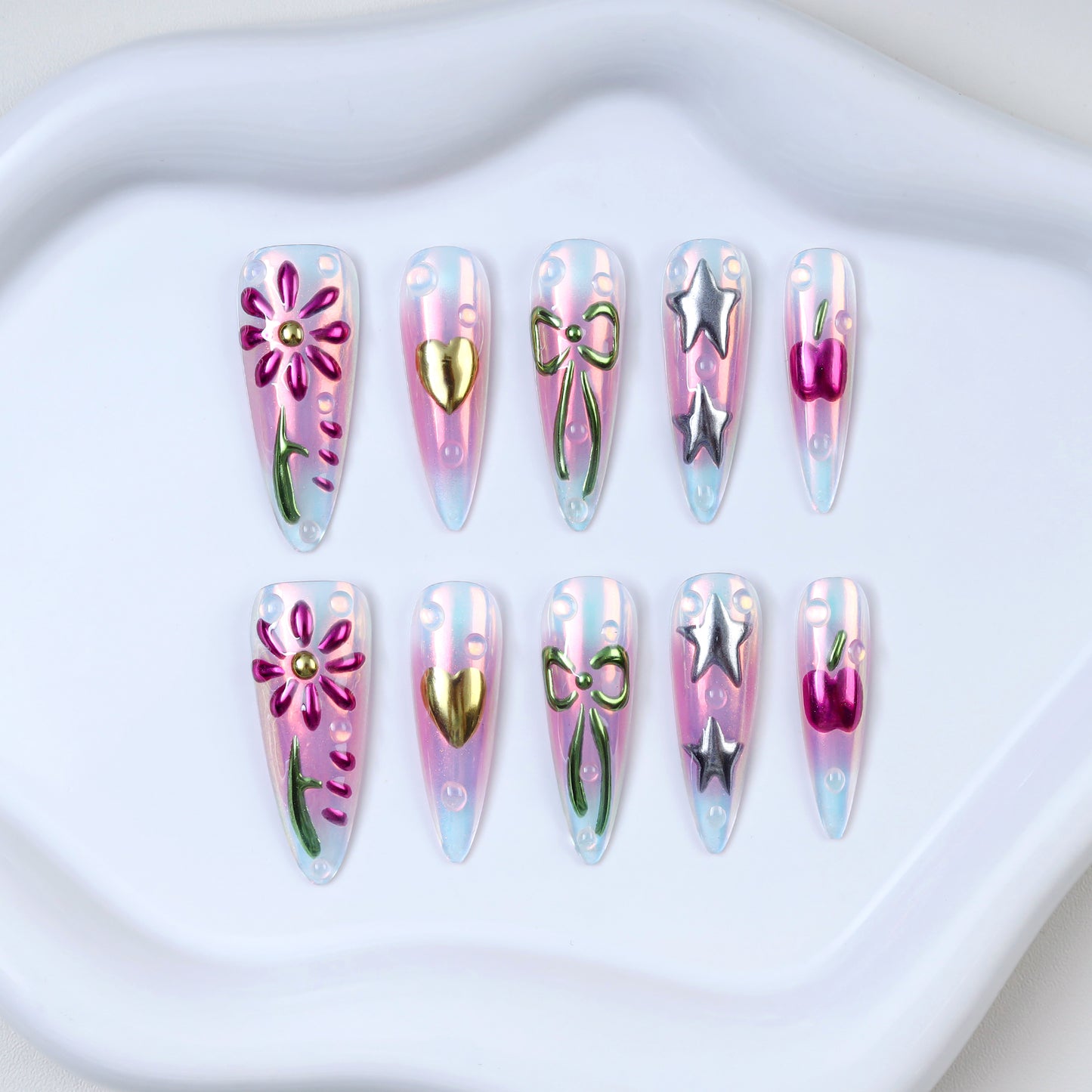 High Quality Pink Acrylic False Nails Handmade 3D Mirror Powder Star Flower Press Nails Wholesale Design for Girls