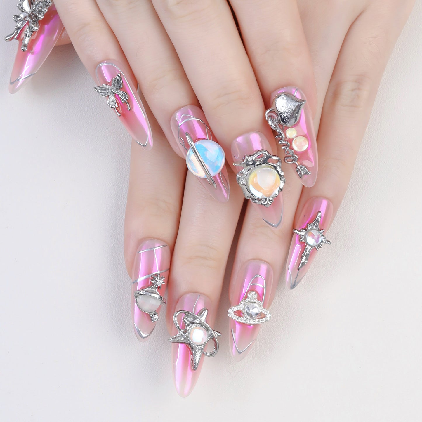 Pink Handmade Custom Thick Nails With Rhinestones Artificial Fingernails10pcs Luxury Private Label New Design Press on Nails