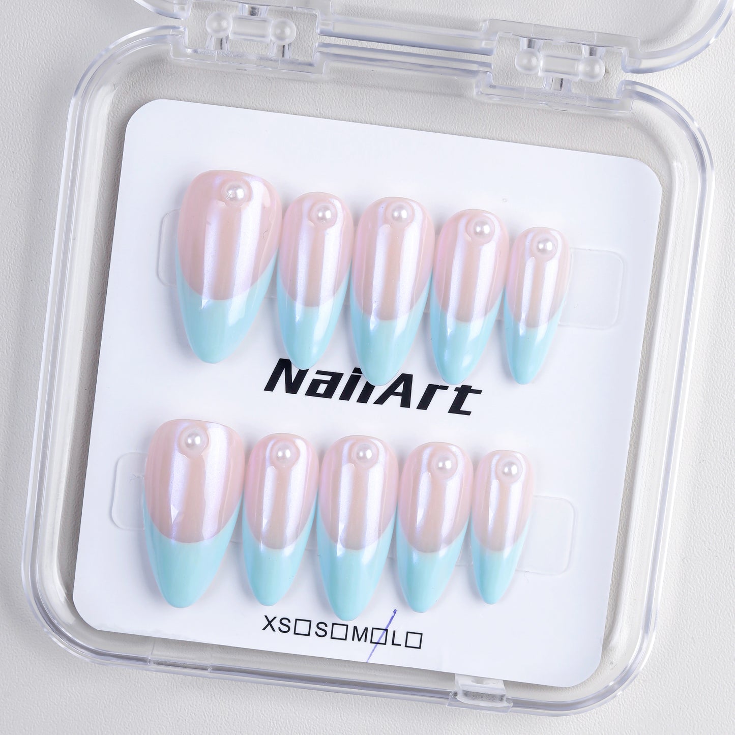 Blue Aurora Almond-Shaped French Style Artificial Nails Long Handmade High Quality Reusable Pearl for Finger Application