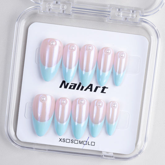 Blue Aurora Almond-Shaped French Style Artificial Nails Long Handmade High Quality Reusable Pearl for Finger Application