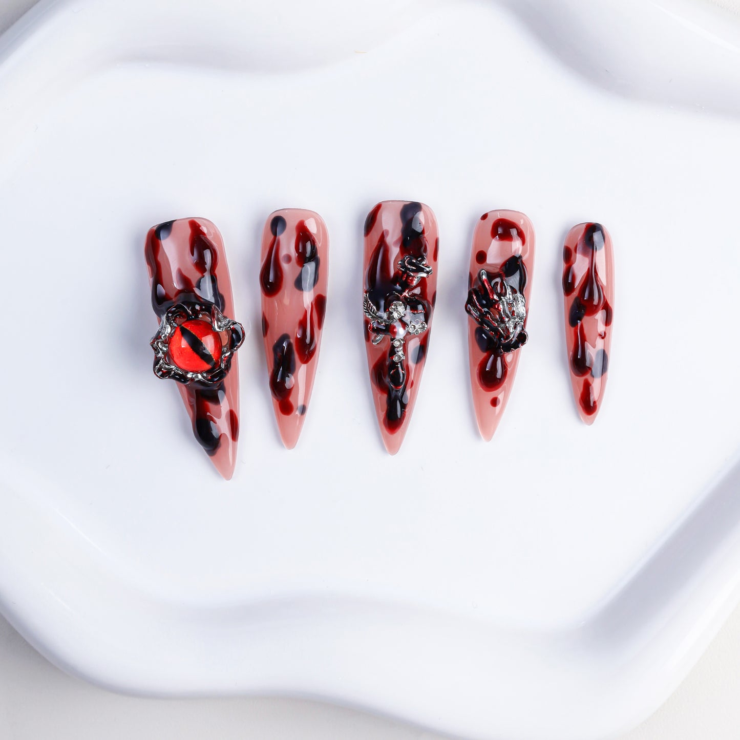 New Design Acrylic Red Blood Halloween 100% Handmade Stiletto Reusable Press on Nails Fake Nais 3d Wholesale with Glue for Party