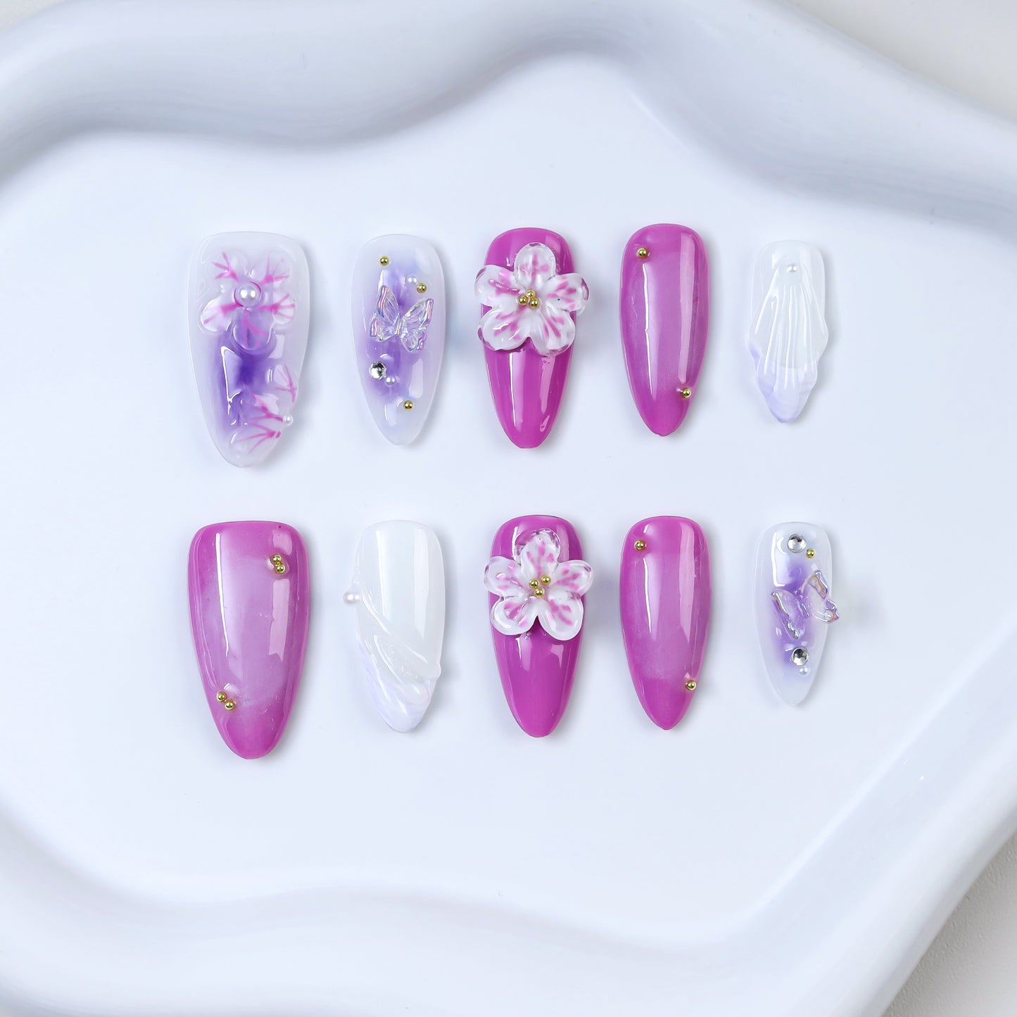 Diy Flower Relief Design Handmade 3d Almond Press on Nails Reusable Acrylic Nails Press on Artificial Fingernails