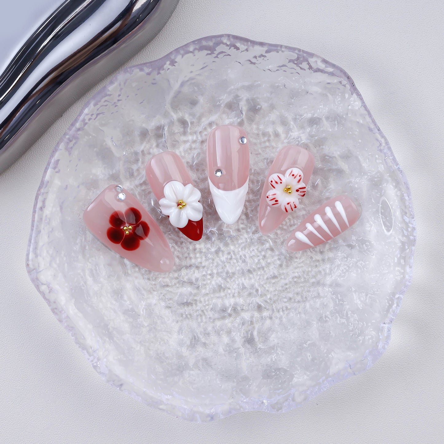 Handmade Almond Press-On Nails | 3D Red White Flower with Rhinestone & Stripe Design | Romantic Glue-On Nails