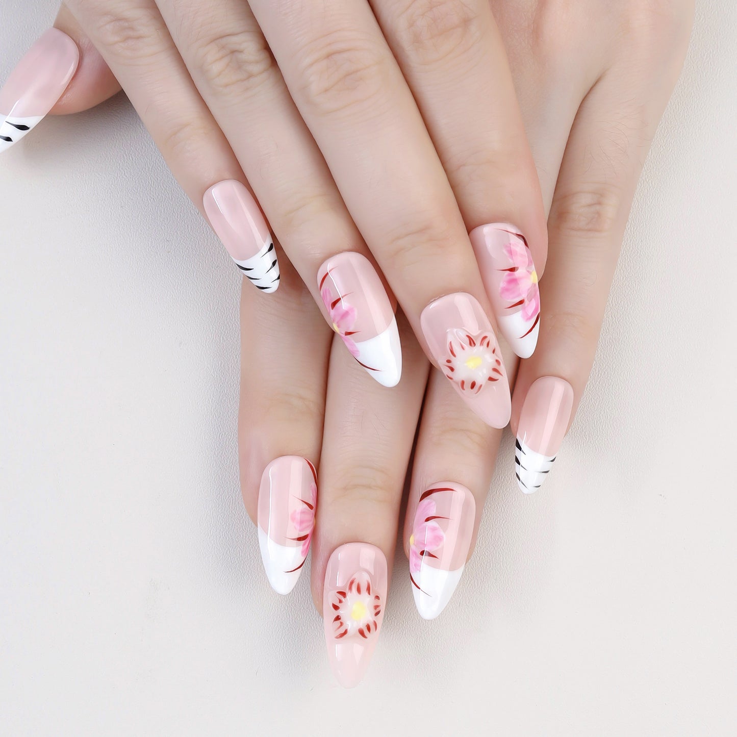 Handmade 10pcs Almond Design Press-On False Nails Acrylic Fashionable Model Custom Flower Carving Full Cover Faux Ongles Finger