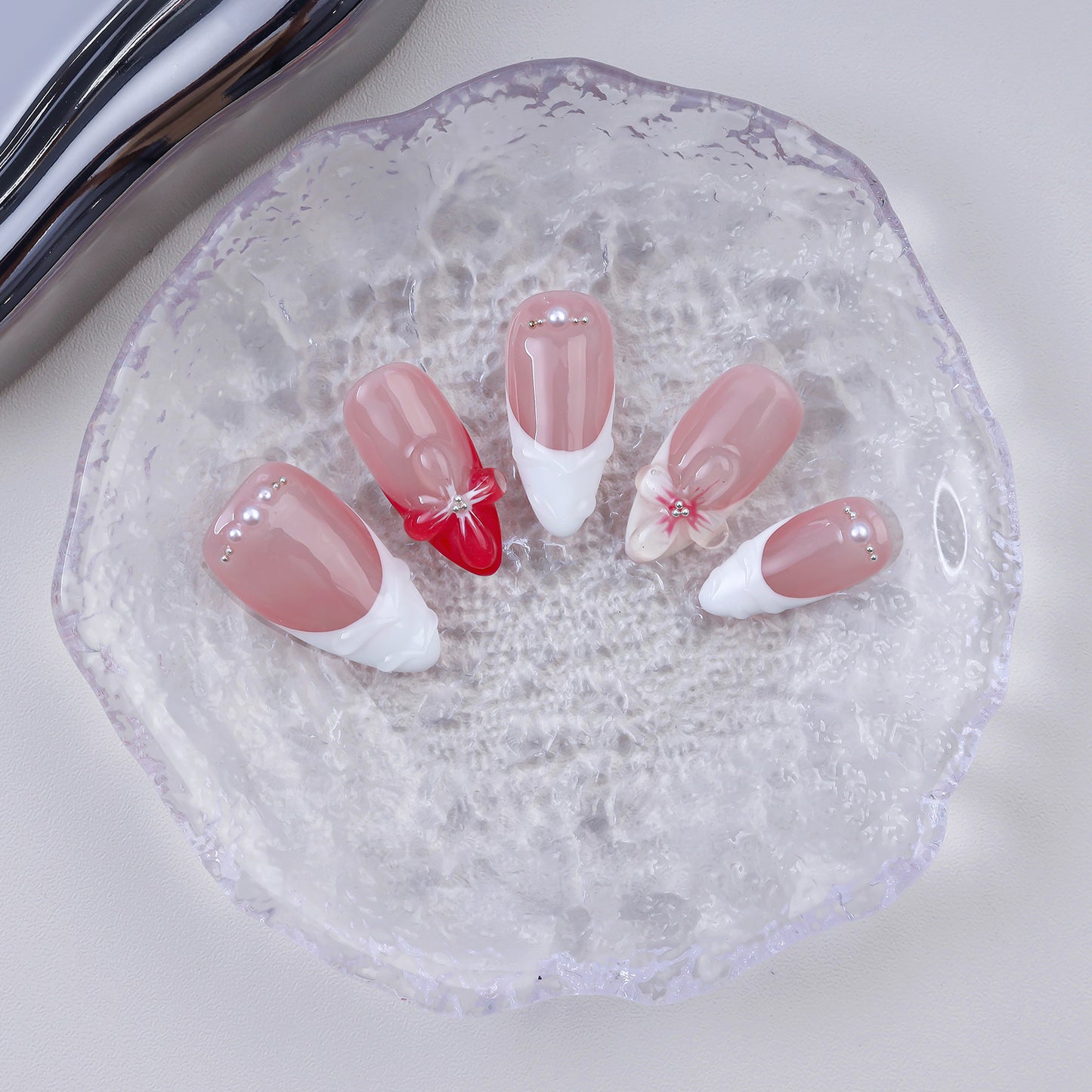 Wholesale 10pcs Alomnd Handmade Short Pink 3D Flower French Press on Nails Removable Fake Nails Art for Fingers