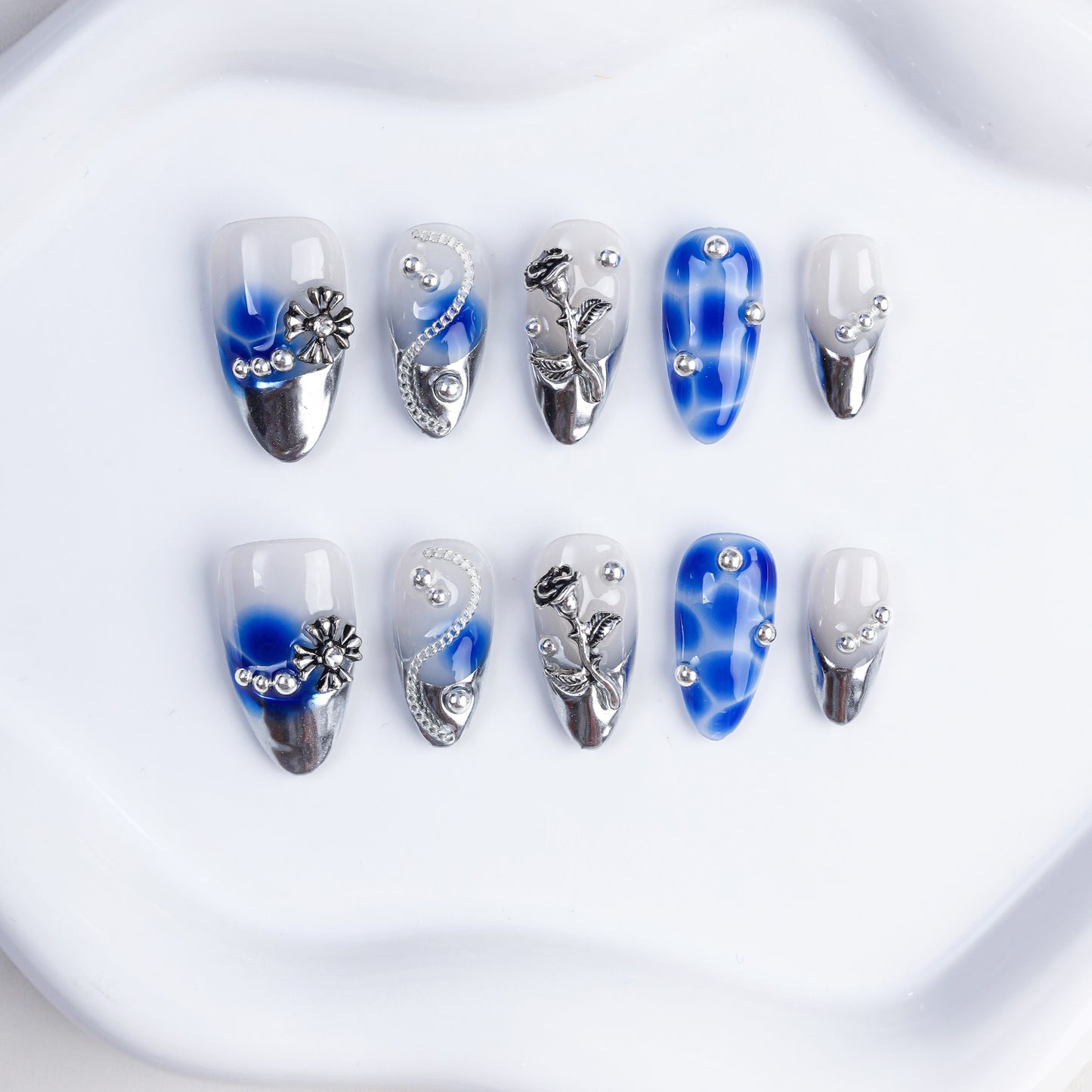 Custom 3d Blue Rose Pearl Handmade Acrylic Reusable Press on Nails Wholesale Fake Nails 10pcs with Charm