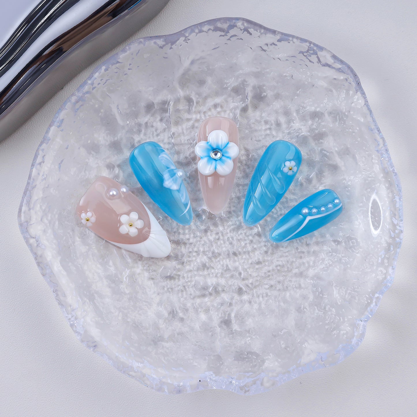 French Almond Romantic Flowers 3D Coffin Shape Design Handmade Press on Nails for Parties Oil Painting Style for Fingers