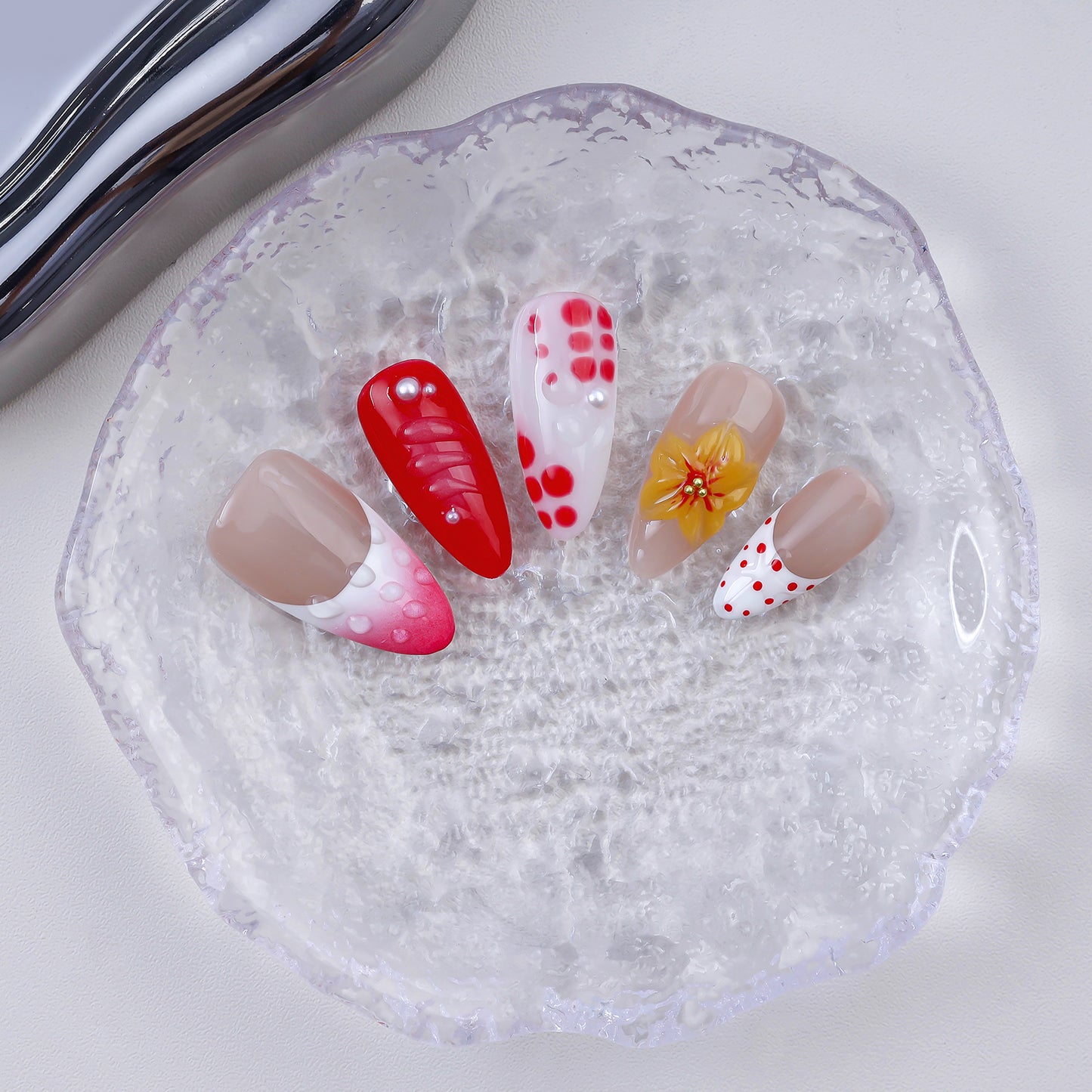 Handmade Almond Press-On Nails | Red Gradient 3D Flower with Pink Polka Dot & Pearl Design | Luxury Glue-On Nails