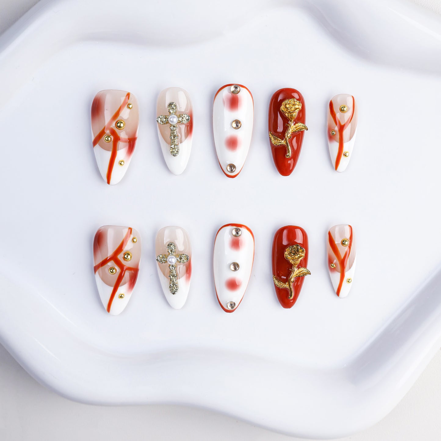 New Popular Hand Painted Cross Rose Almond False Nails 10pcs Artificial Press Nails for Girls Handmade Wholesale for Finger