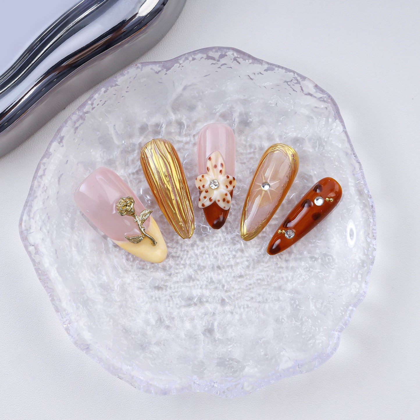 Handmade Almond Press-On Nails | Pink Gold Rose & Amber Tortoiseshell with Rhinestone | Luxury Glue-On Nails