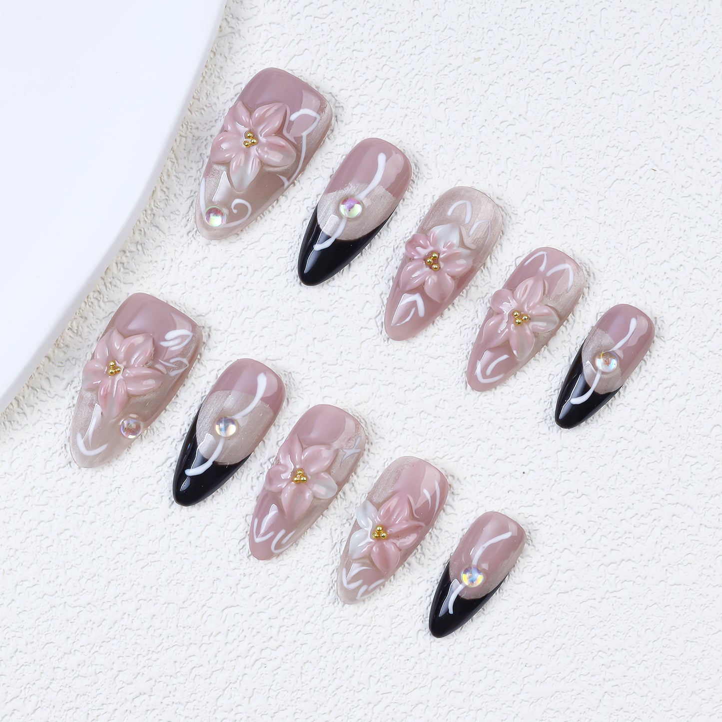 Luxury 3D Floral Cat Eye Design Handmade Reusable Press-On False Nails with Gift Package Luxury Floral False Nails