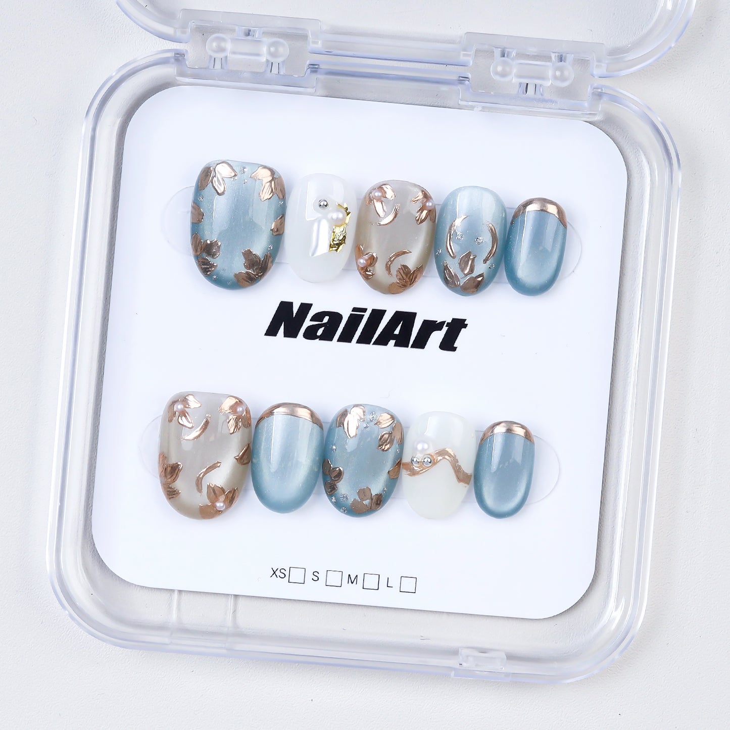 Handmade Squoval Press-On Nails | Shiny Platinum Cat Eye & Gold Leaf Design | Custom Glue-On Nails