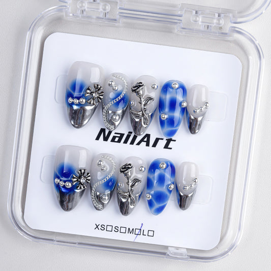 Custom 3d Blue Rose Pearl Handmade Acrylic Reusable Press on Nails Wholesale Fake Nails 10pcs with Charm