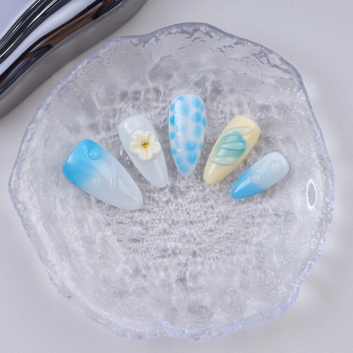 Handmade Almond Press-On Nails Blue Gradient 3D Flower Polka Dot Stripe Design Glue-On False Nails Set