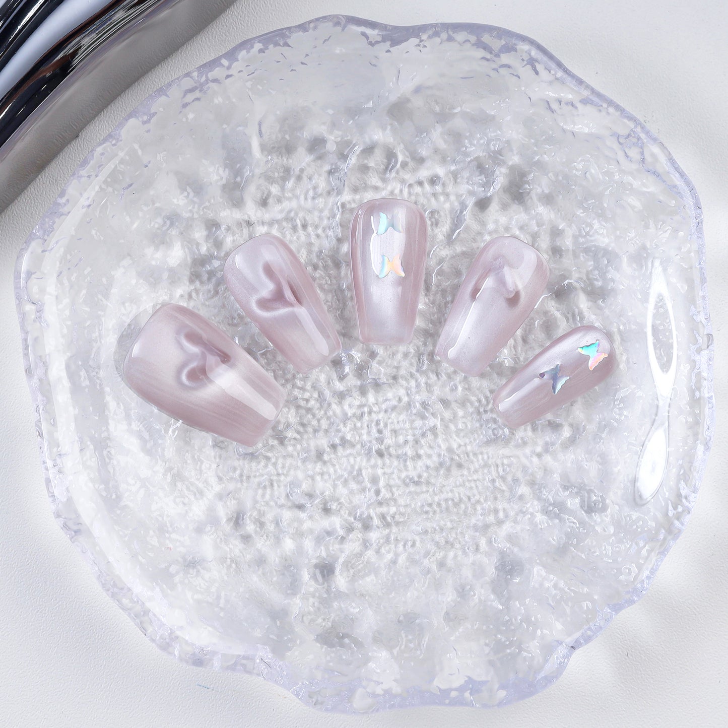 New Design Luxury Cat-eye Pink Butterfly Custom Nails Coffin Press on Nails Wholesale Full Cover  False Nails