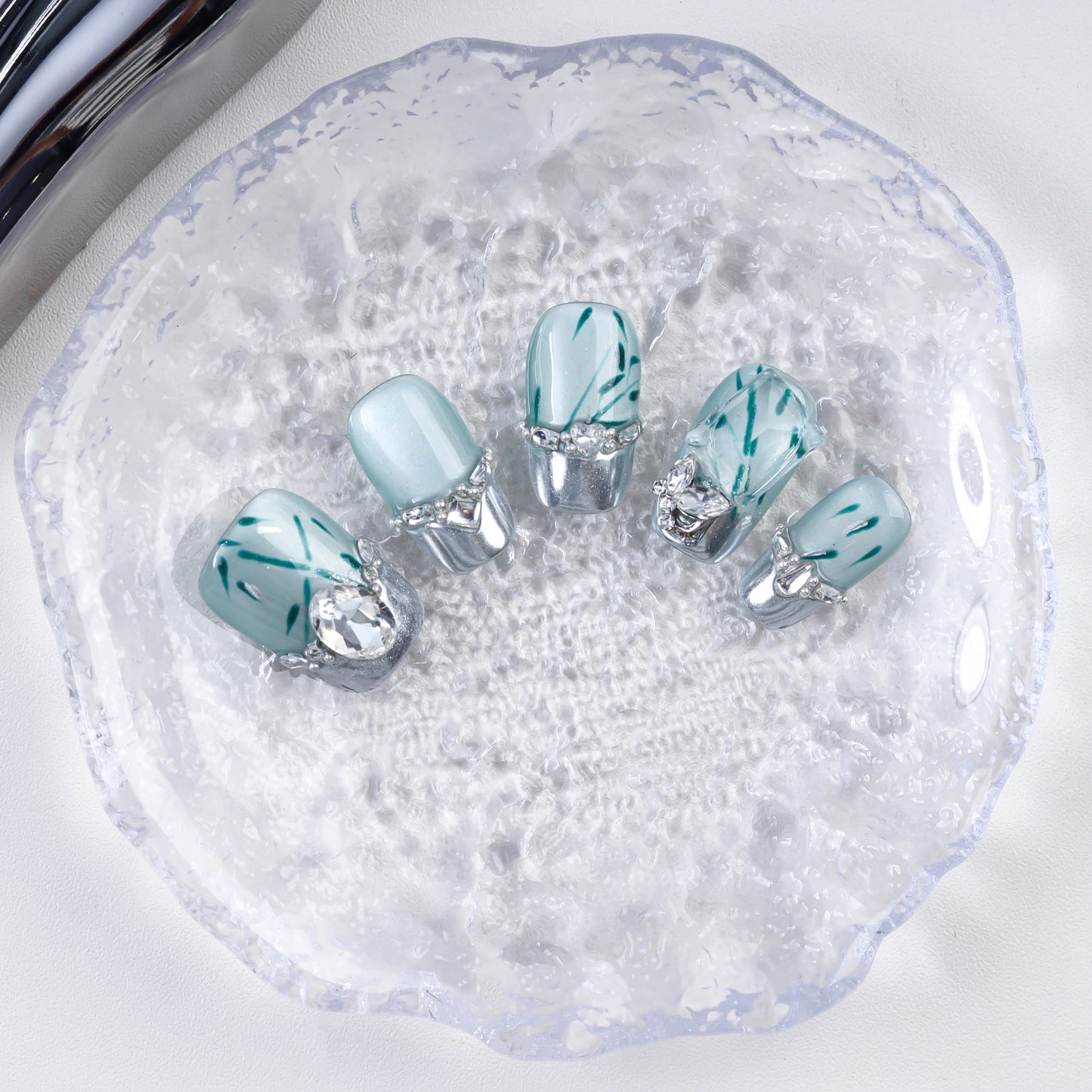 High Quality 10pcs Chinese Style French Tip Cat Eye Press on Green Fake Nails Set Handmade New Style