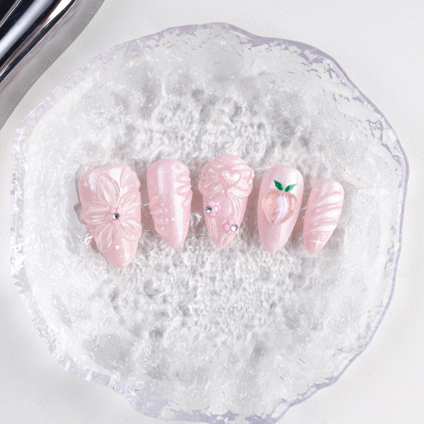 Pink Bow Acrylic 3d Flower Peach Shaped Almond Fake Nails Faux Ongles Handmade Press on Nail Art Acrylic False Nails with Glue